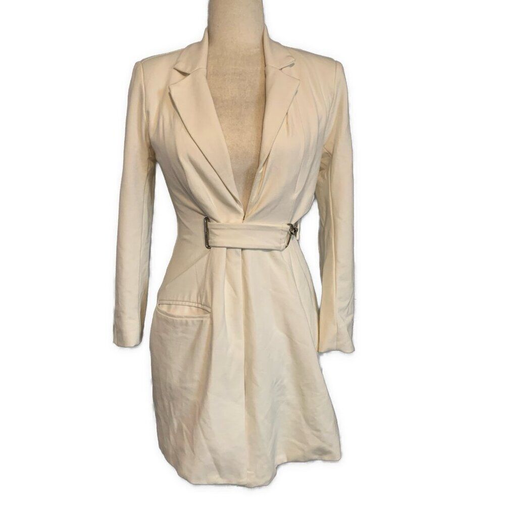 H:ours Revolve Solid White Belted Long Sleeve Jacket Small